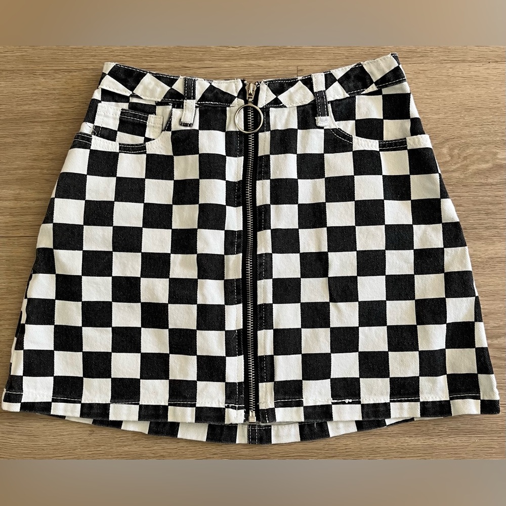 SUNSET + SPRING checkered black and white denim round zipper skirt S